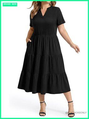 Plus Size Short Sleeve V-Neck Midi Dress with Pockets Tiered A-Line Beach